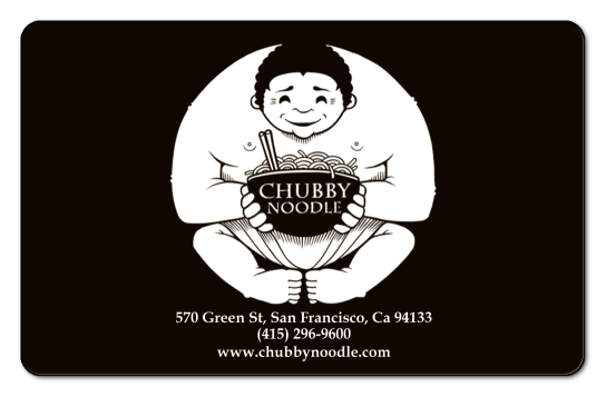 chubby boodle logo of a man eating a bowl of noodles on a black background